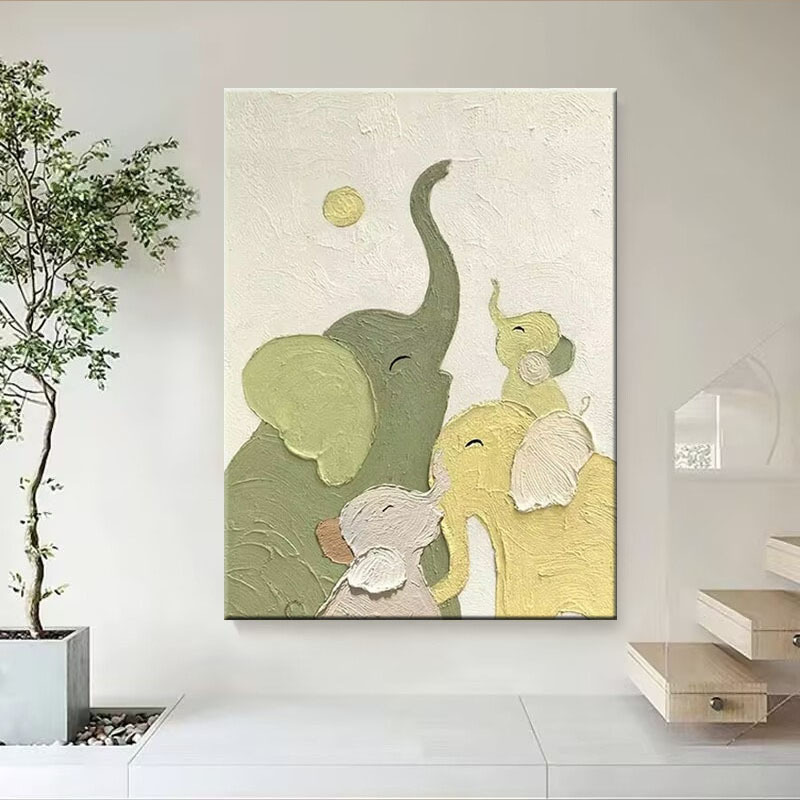 手绘油画绿色大象客厅玄关装饰画砂岩立体肌理画高档手工玄关图片