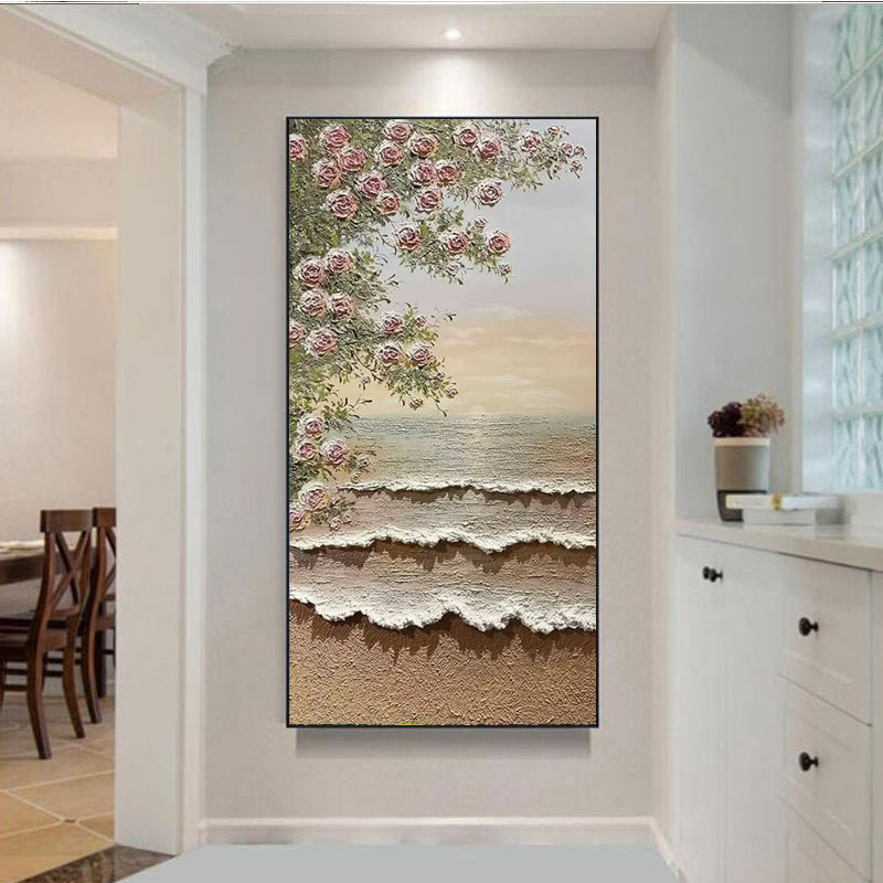 手绘油画日出海景玄关装饰画砂岩立体肌理风景花卉入户走廊挂画图片
