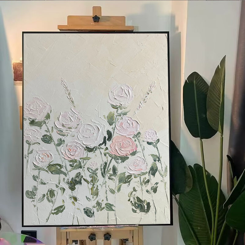 手绘油画奶油风玫瑰花卉客厅沙发背景墙装饰画美式立体床头肌理图片