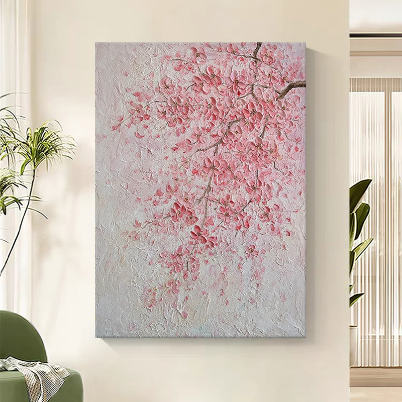 奶油风粉色梅花客厅装饰画肌理手绘油画立体花卉别墅挑高玄关挂画图片