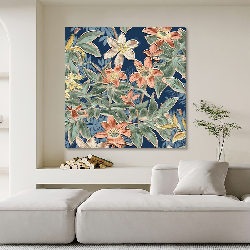 正方形立体植物叶子手绘油画网红珐琅彩装饰画餐厅挂画玄关肌理画图片