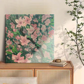 覆古繁花绿枝方形手绘油画花卉诧寂风绿色装 饰画客厅玄关肌理挂画