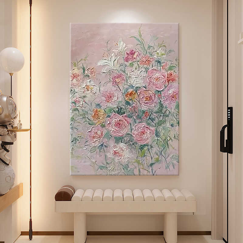 奶油风客厅装饰画 画玫瑰手绘油画 画入户玄关肌理粉色花卉丙烯卧图片