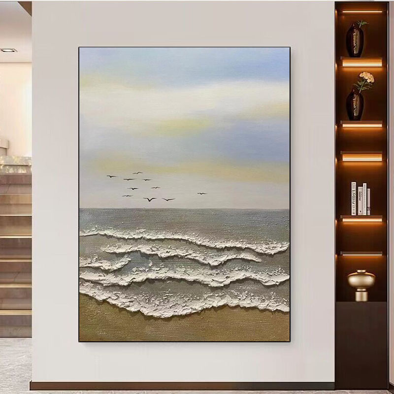 手绘油画海景客厅玄关装饰画砂岩厚肌理海浪立体挂画别墅民宿图片