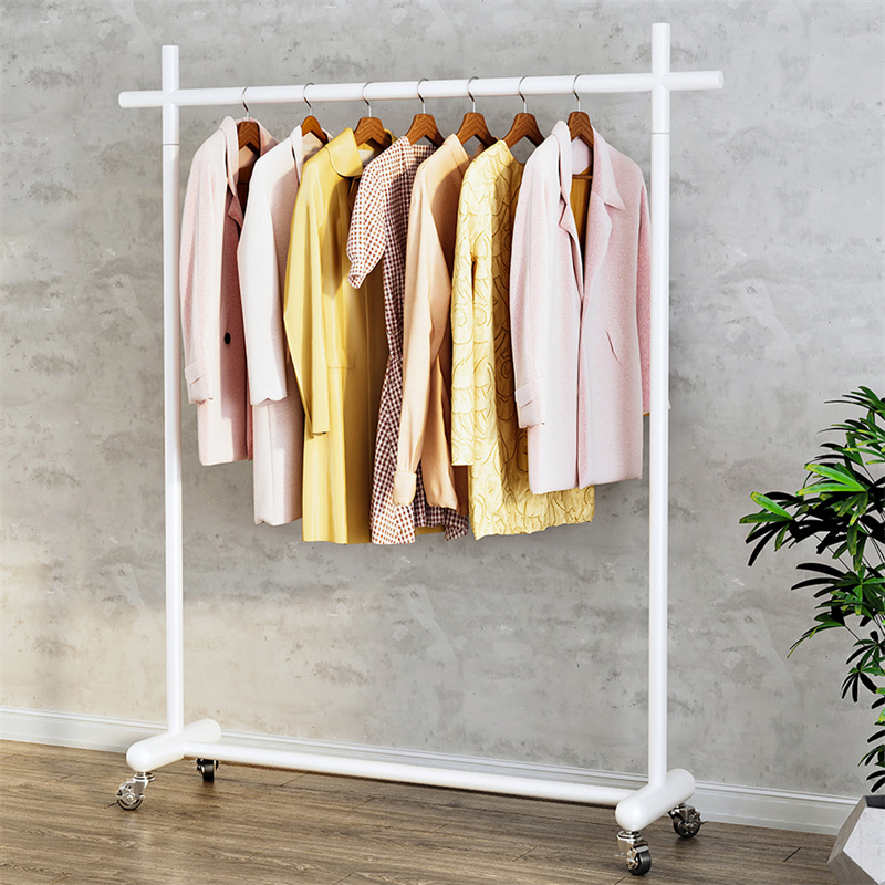 白色服装店展示挂衣架落地式装饰女童装晾衣服单杆龙门架带轮