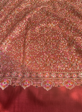 QR认证手纺线真丝满绣paper藏品红色刺绣花束手工羊绒披肩围巾