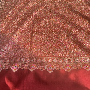 QR认证手纺线真丝满绣paper藏品红色刺绣花束手工羊绒披肩围巾