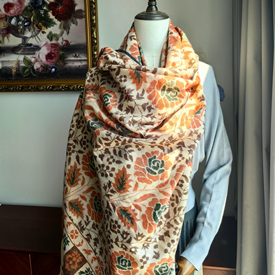 QR认证手纺线重工原绒橘色卡尼克什米尔羊绒披肩