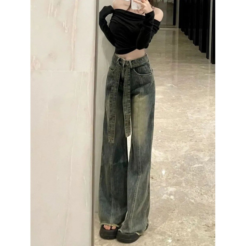 美式毛边高腰微喇牛仔裤女2024新秋季宽松显瘦做旧阔腿长裤潮