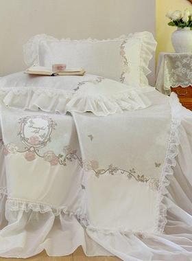 季夏冰丝凉席床裙三件套可刺机水XES洗公主风绣款蕾丝边高端空调