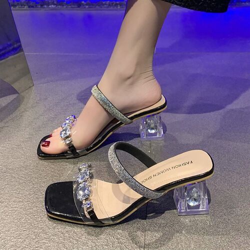 高跟水钻凉鞋女款夏季外穿气质透明一F字带水晶跟粗跟法式绝美拖