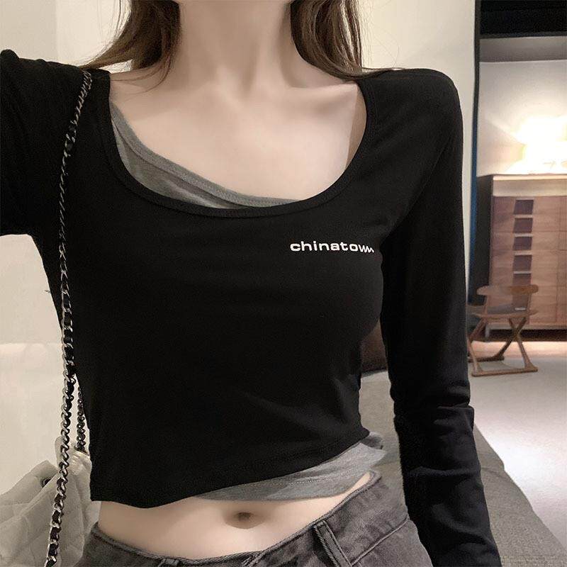 纯棉2025秋季新款短款修身显瘦T恤女小心机长袖假两件露脐上衣ins