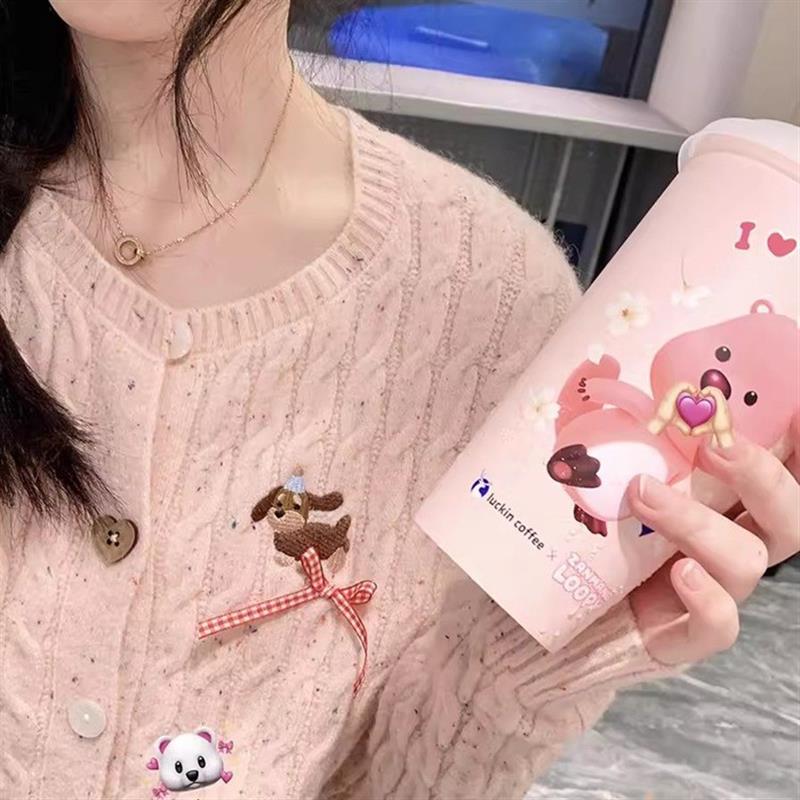 开春可爱粉针织开衫毛衣外套女2025秋季新款慵懒宽松风软糯上衣