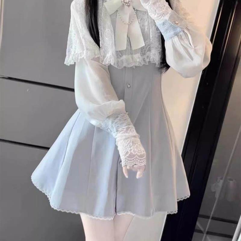 日系甜美少女纯欲风清楚系披肩蕾丝蝴蝶结雪纺长袖连衣裙女水色黑