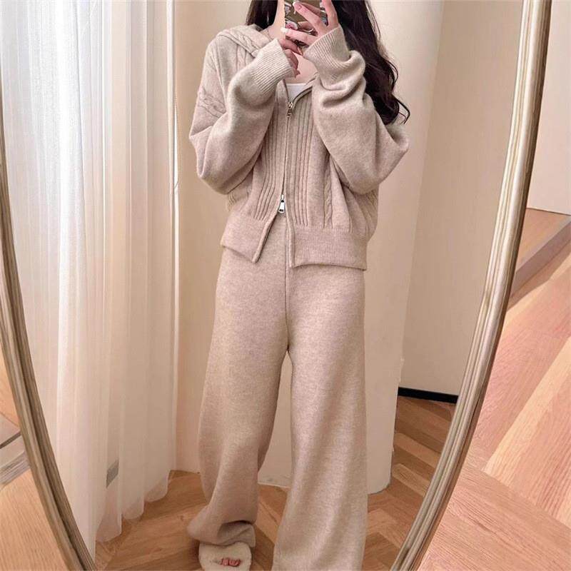 秋冬款时尚新品休闲连帽针织拉链开衫毛衣阔腿裤套装女宽松慵懒风