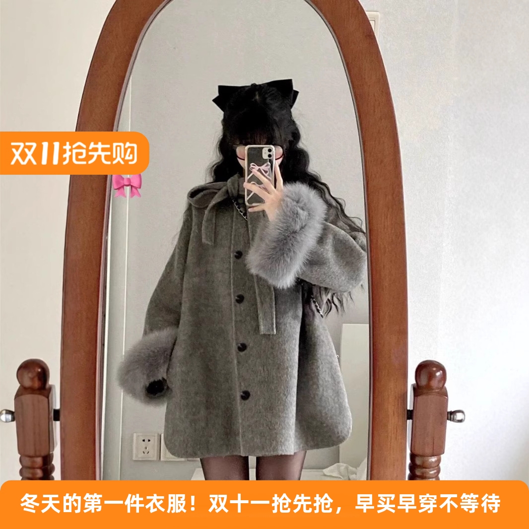 赫本风灰色毛呢外套女秋冬季新款中长款蝴蝶结呢子斗篷大衣