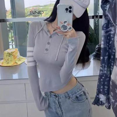 法式洋气四条杠秋季上衣女卫衣女修身收腰弧形下摆纯欲风长袖防晒