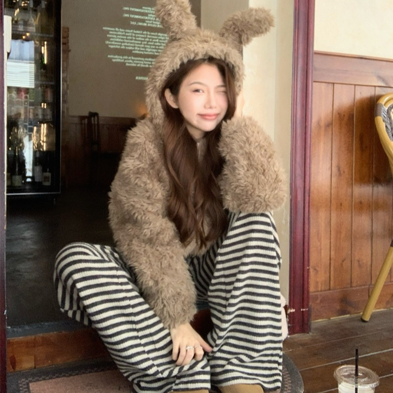 可爱兔耳朵毛绒外套连帽皮草女冬季条纹休闲裤直筒长裤慵懒两件套