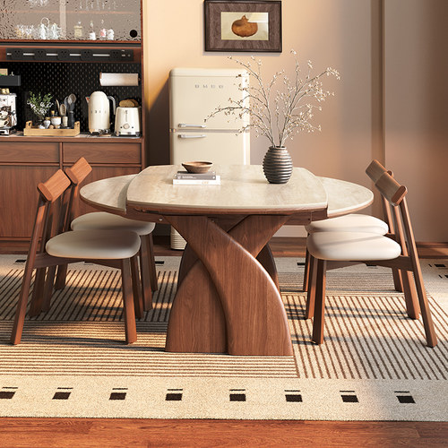 中古风实木岩板伸缩可变圆餐桌