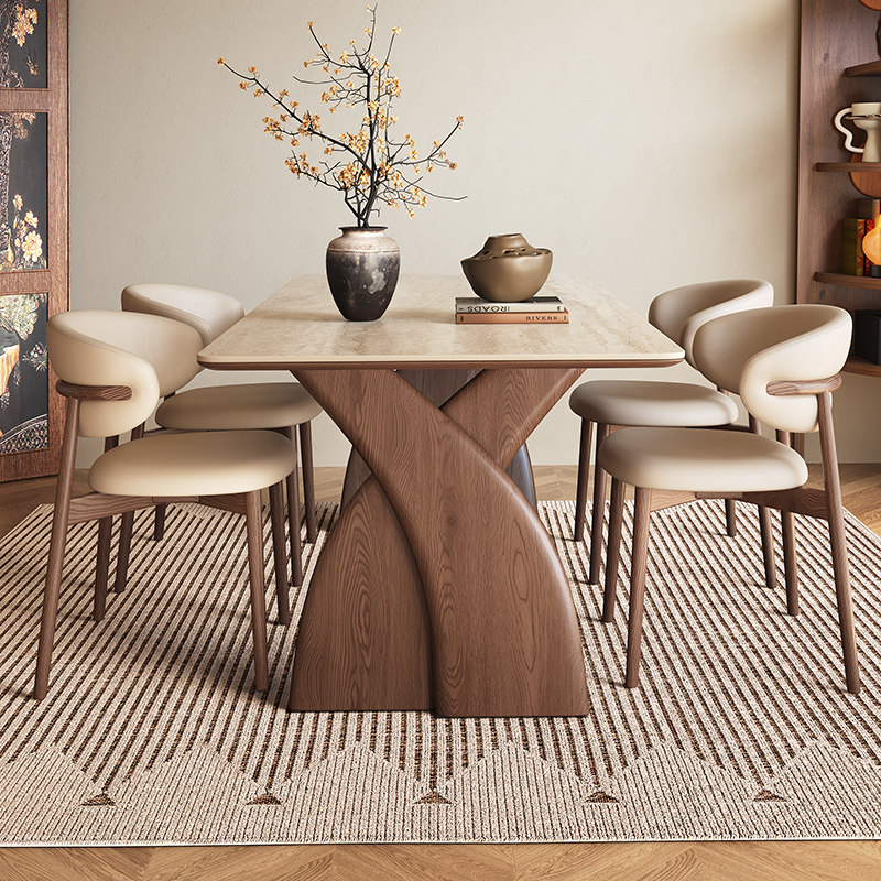 天牧家园中古实木岩板长方形餐桌