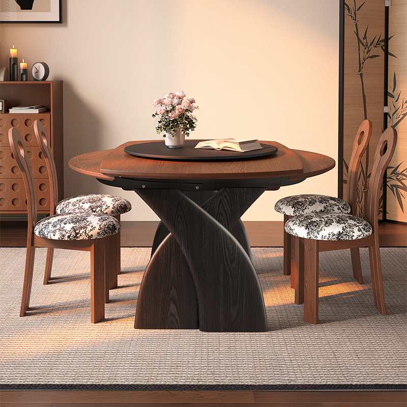 法式中古风实木岩板餐桌椅复古家用客厅小户型伸缩可变圆吃饭桌子