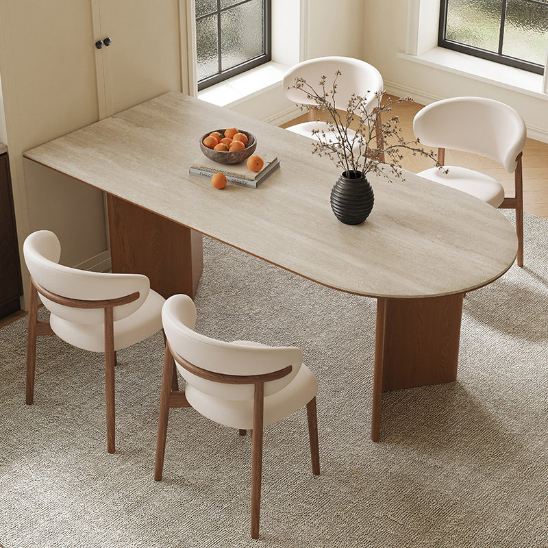 中古风实木洞石岩板餐桌椅2026新款家用复古小户型椭圆形吃饭桌子