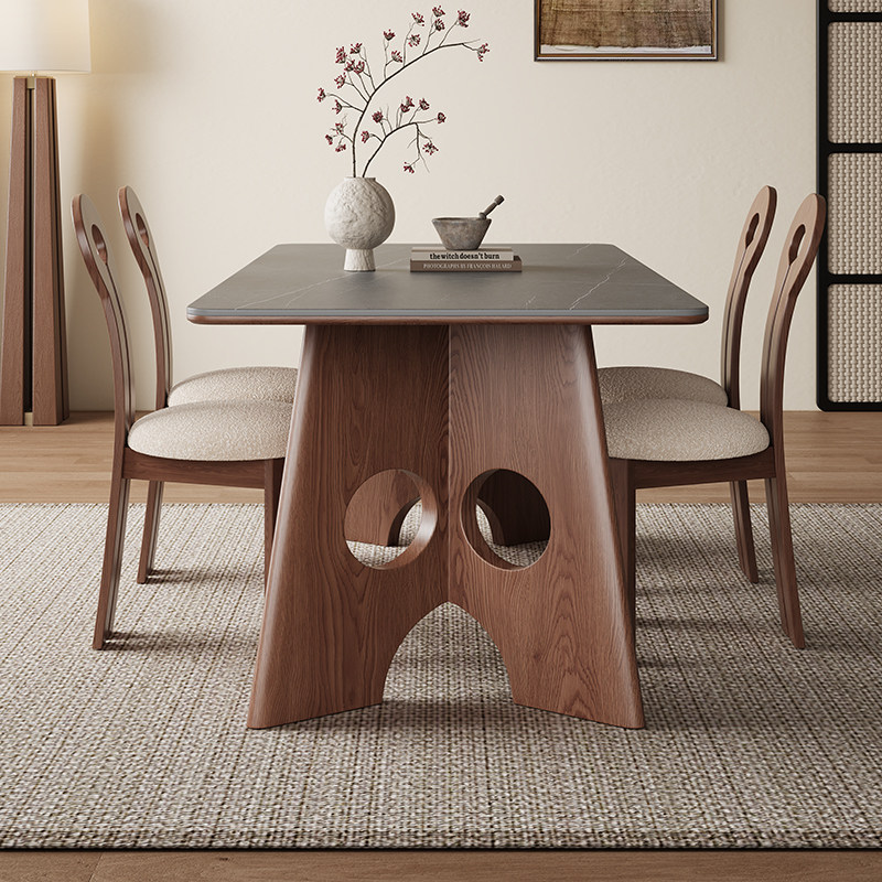 复古中古风实木洞石岩板餐桌椅组合家用客厅小户型长方形吃饭桌子