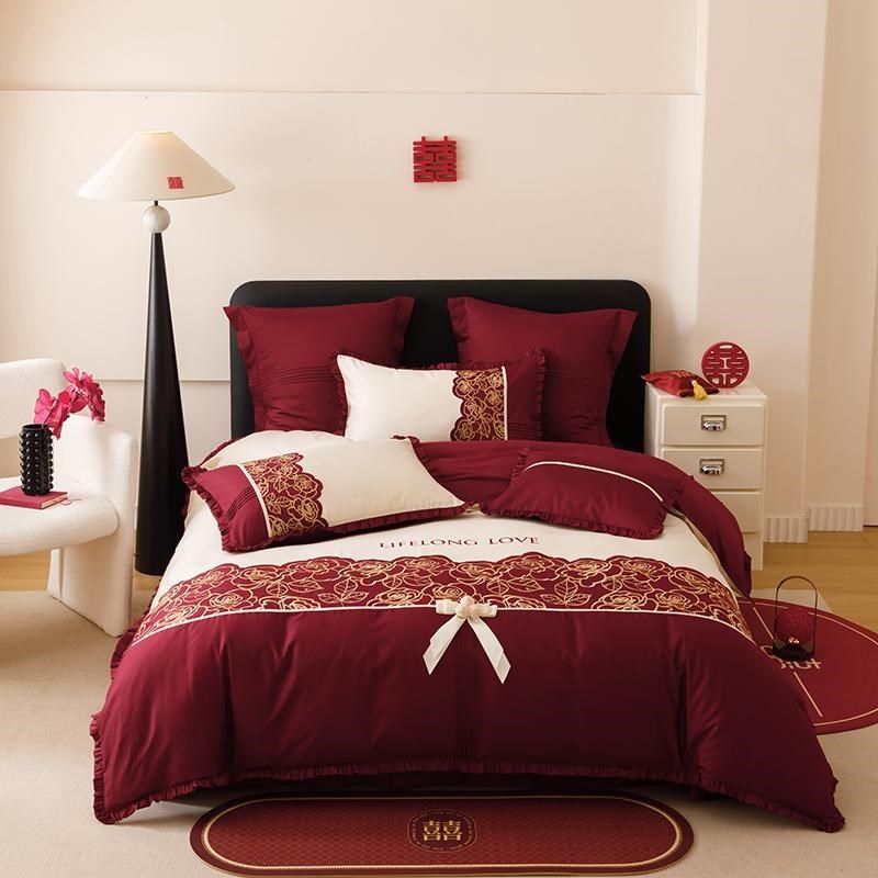 浪漫婚庆100支澳n棉全棉四件套红色结婚刺绣被套床单床上用品4,床上用品,婚庆床品套件,淘宝优惠券,粉丝福利购,淘宝优惠卷