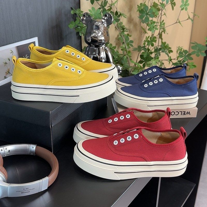 薄款帆布鞋女红色2025夏季一脚蹬圆F头套脚厚底防滑休闲帆布板鞋,女鞋,帆布鞋,淘宝优惠券,粉丝福利购,淘宝优惠卷