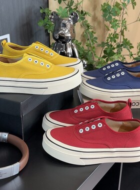 薄款帆布鞋女红色2025夏季一脚蹬圆F头套脚厚底防滑休闲帆布板鞋
