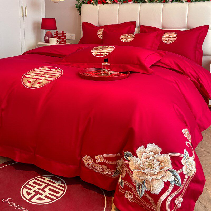 中式龙凤刺绣结婚四件套红色被套高级感喜庆婚Y庆床上用品,床上用品,婚庆床品套件,淘宝优惠券,粉丝福利购,淘宝优惠卷