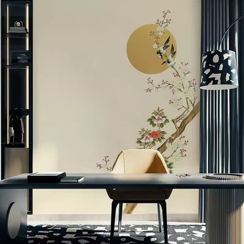 新古典花鸟电视背景墙p布中式淡雅办公室书房茶室墙纸酒店卧室壁