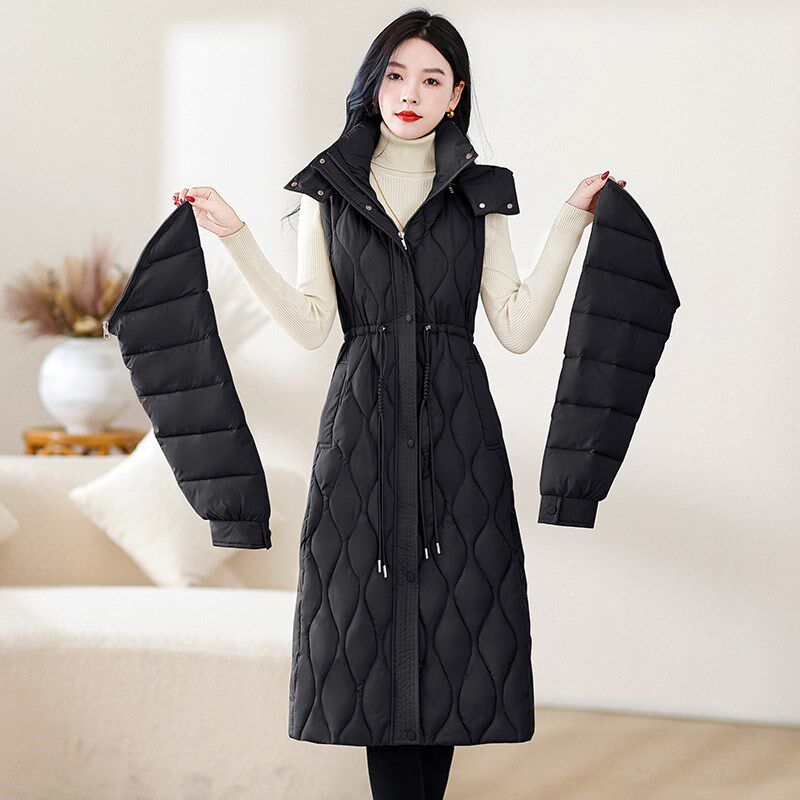 可拆卸袖子棉服女新款中长版大尺码F羽绒棉衣马甲外穿无袖棉袄厚