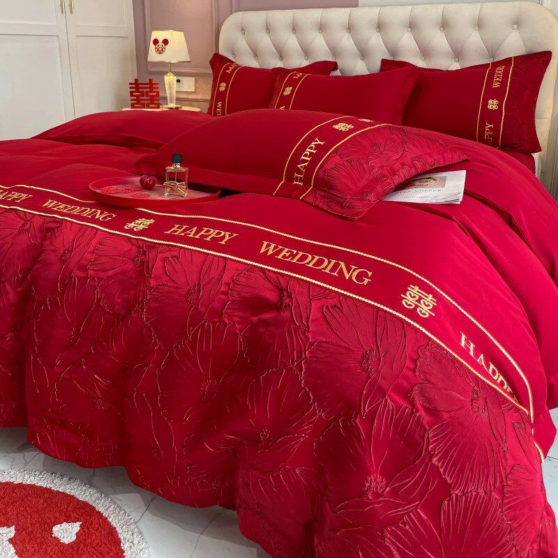 简约中式结婚四件套o红色床单被套全棉新婚庆床上用品婚房,床上用品,婚庆床品套件,淘宝优惠券,粉丝福利购,淘宝优惠卷