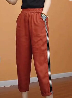 欧货砖红色亚麻九分裤女2025夏季新款侧K条纹松紧腰显瘦简约直筒