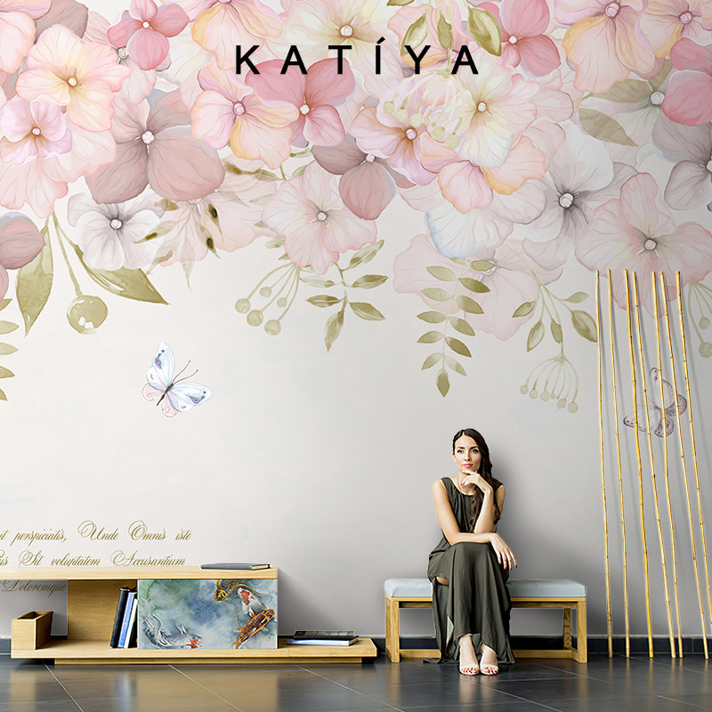 Katiya美式花朵粉色清新现代风格墙布电视背Q景墙壁纸手绘定制壁