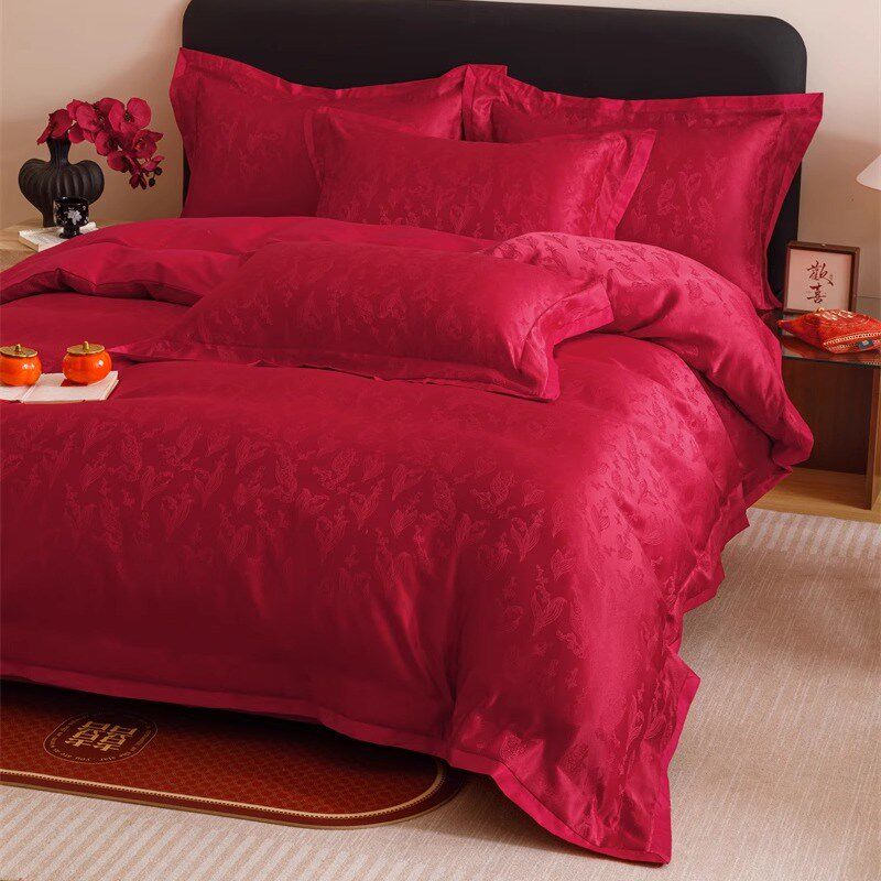 法式浪漫A类100支结婚床单四件套大红色提花被U套婚庆床上用品,床上用品,婚庆床品套件,淘宝优惠券,粉丝福利购,淘宝优惠卷