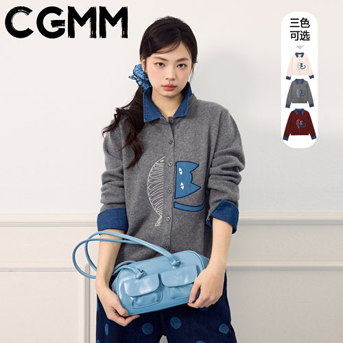 CGMM/橱柜密码冬季新款刺绣小猫设计感牛仔领针织毛衣DSOMB5302
