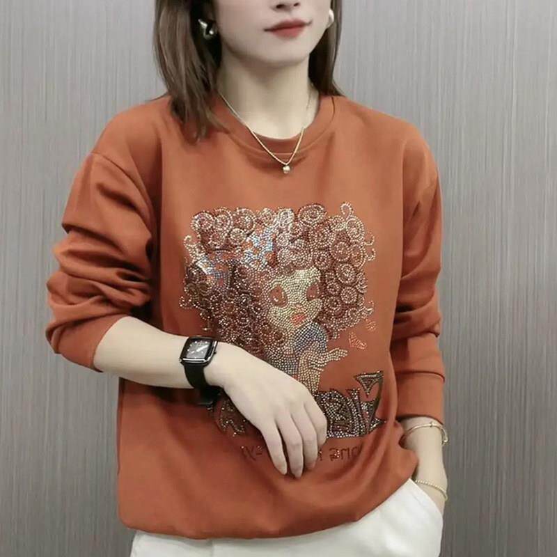 新品欧货春秋新款时尚印花宽松休闲圆领卫衣中年女百搭显瘦打底衫