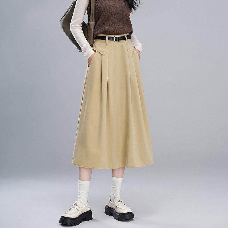 新品毛呢百褶裙女春秋大码高腰a字小个子200斤中长款加厚八分半身