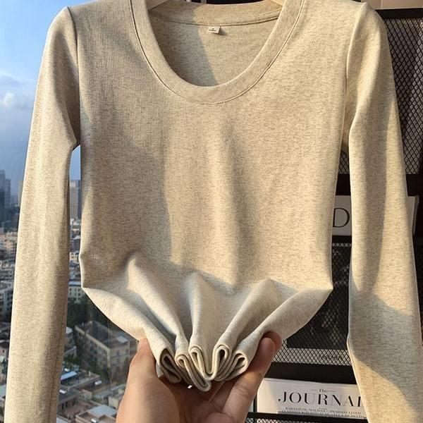 新品莫代尔长袖T恤女春秋季弹力修身纯色百搭圆领上衣显瘦内搭打