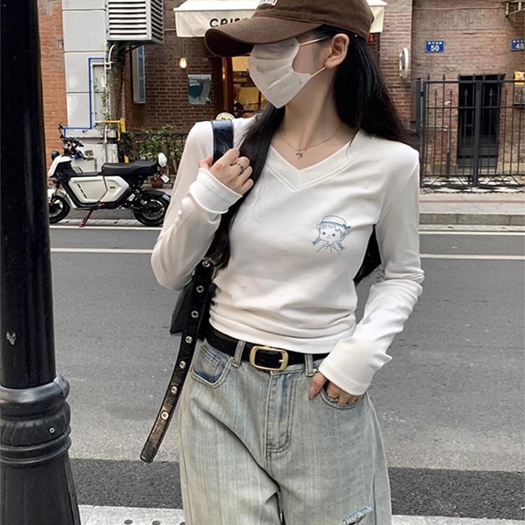 新品美式复古白色正肩V领纯棉长袖t恤女2026新款春季修身显瘦短款