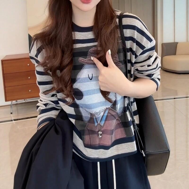 新品慵懒风条纹小狗印花T恤女秋2026新款大码胖MM韩系宽松长袖打