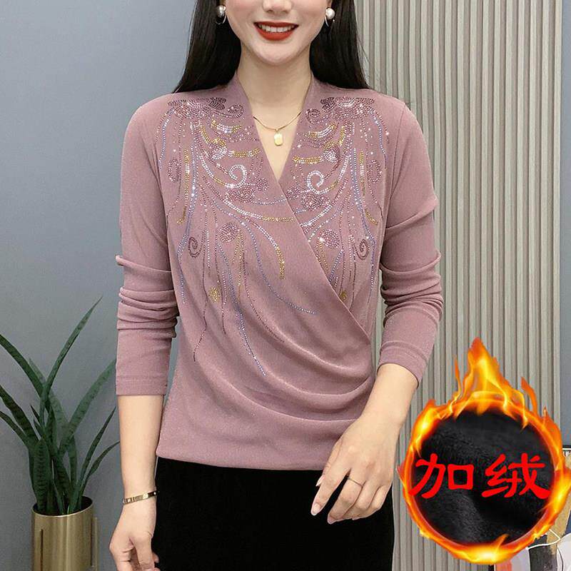 新品春秋交叉领简约长袖打底衫百搭J纯色烫钻小花洋气妈妈装上衣