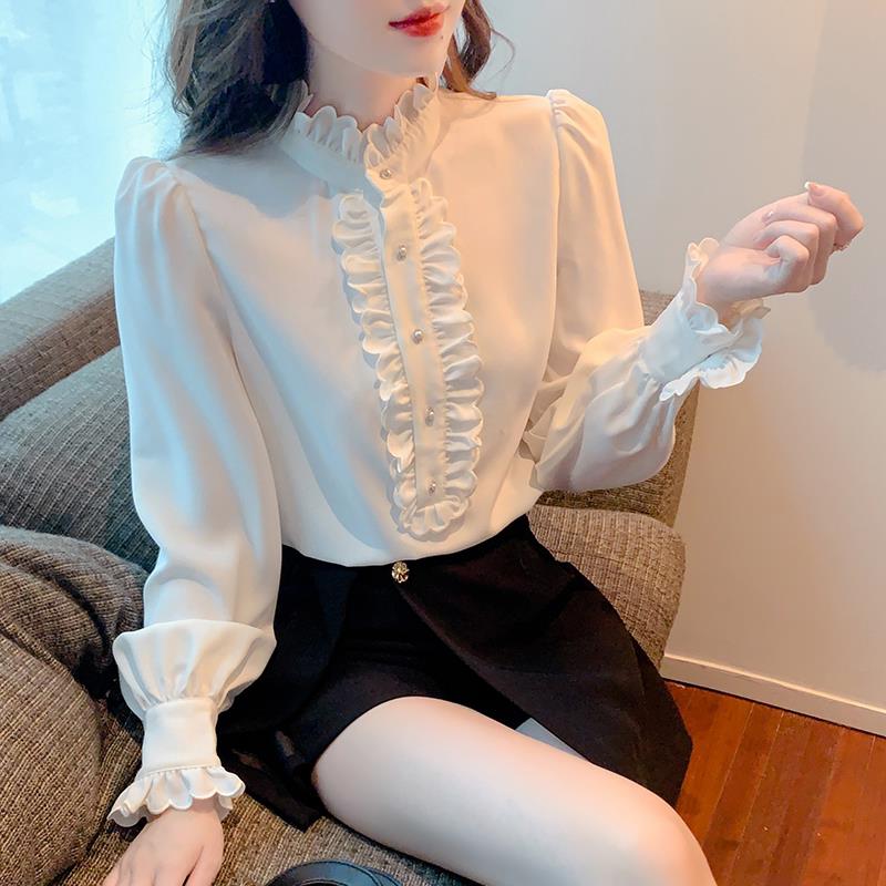 新品2026秋装爆款法式高档木耳边立领长袖衬衫女洋气雪纺小衫打底