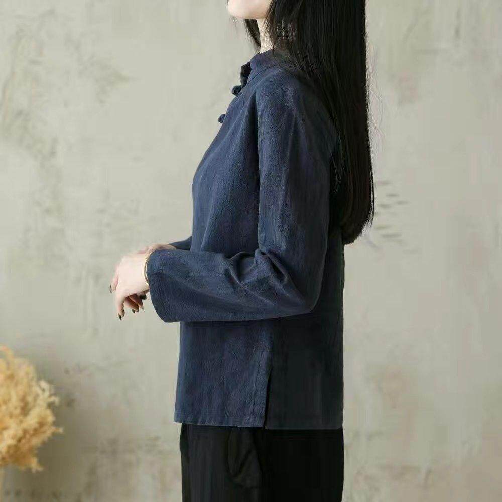 新品一线品牌外贸复古中国风棉麻斜襟盘扣衬衫中式唐装茶服女长袖