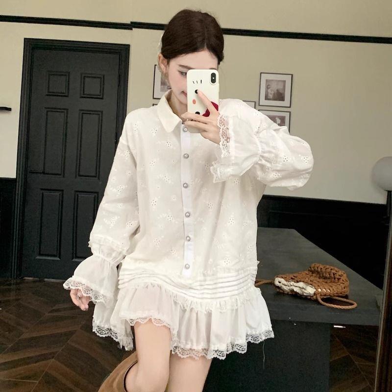 新品大码女装300斤蕾丝花边拼接衬衫裙胖mm秋季polo领长袖韩版连