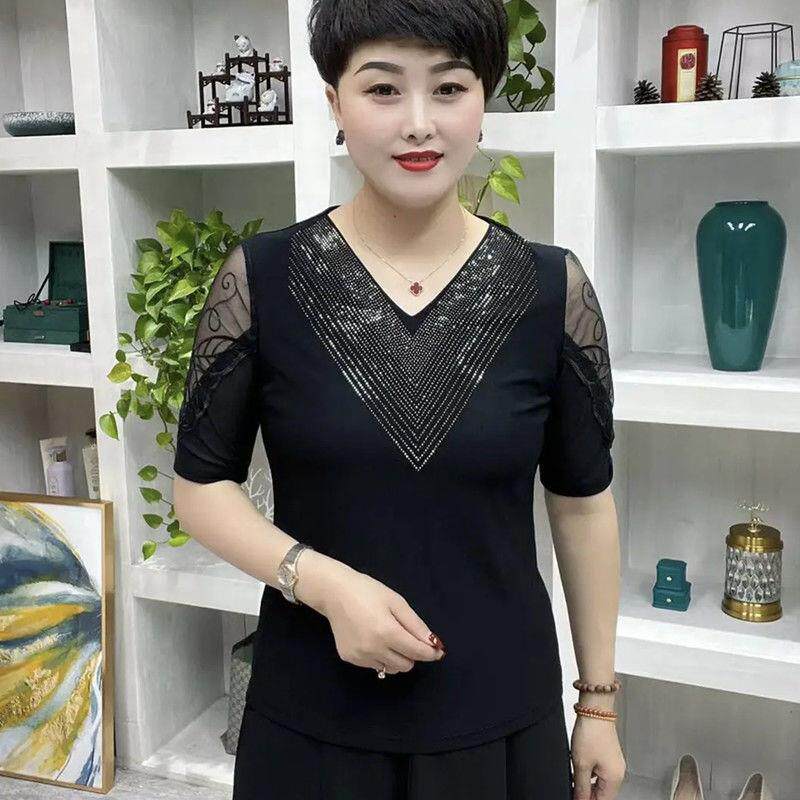 新品洋气V领烫钻绣花长袖T恤女装2026春季新款中年妈妈装弹力网纱