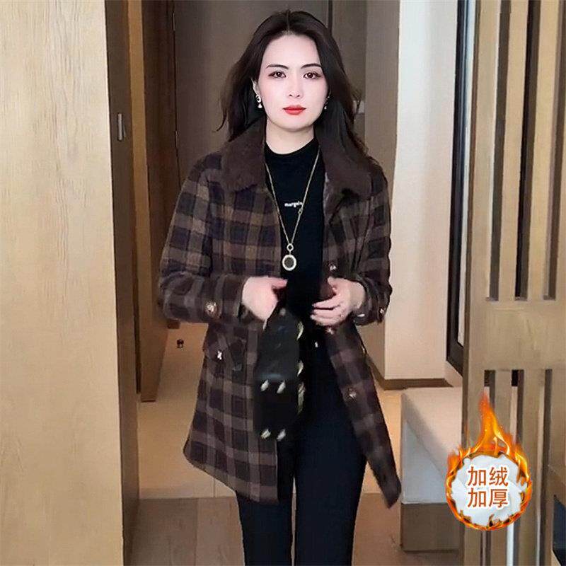 新品加绒加厚复古毛呢外套女士中年妈妈装秋冬新款中长款格子保暖