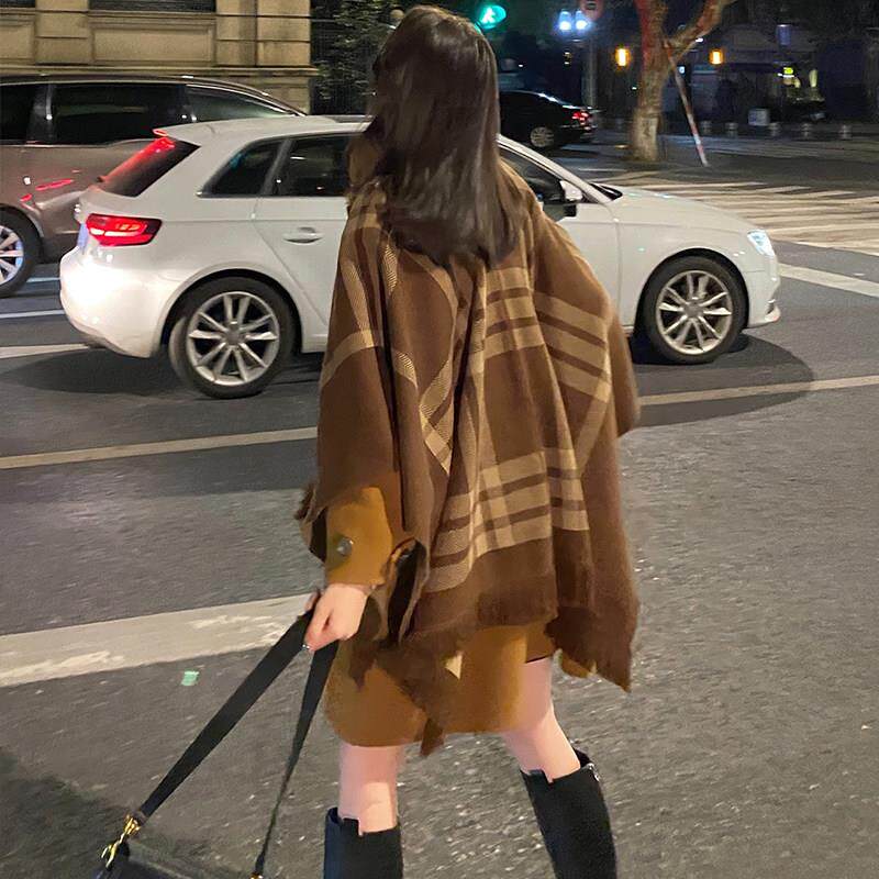 新品斗篷格子外套女韩系穿搭宽松春秋英伦风慵懒中长款针织披肩毛